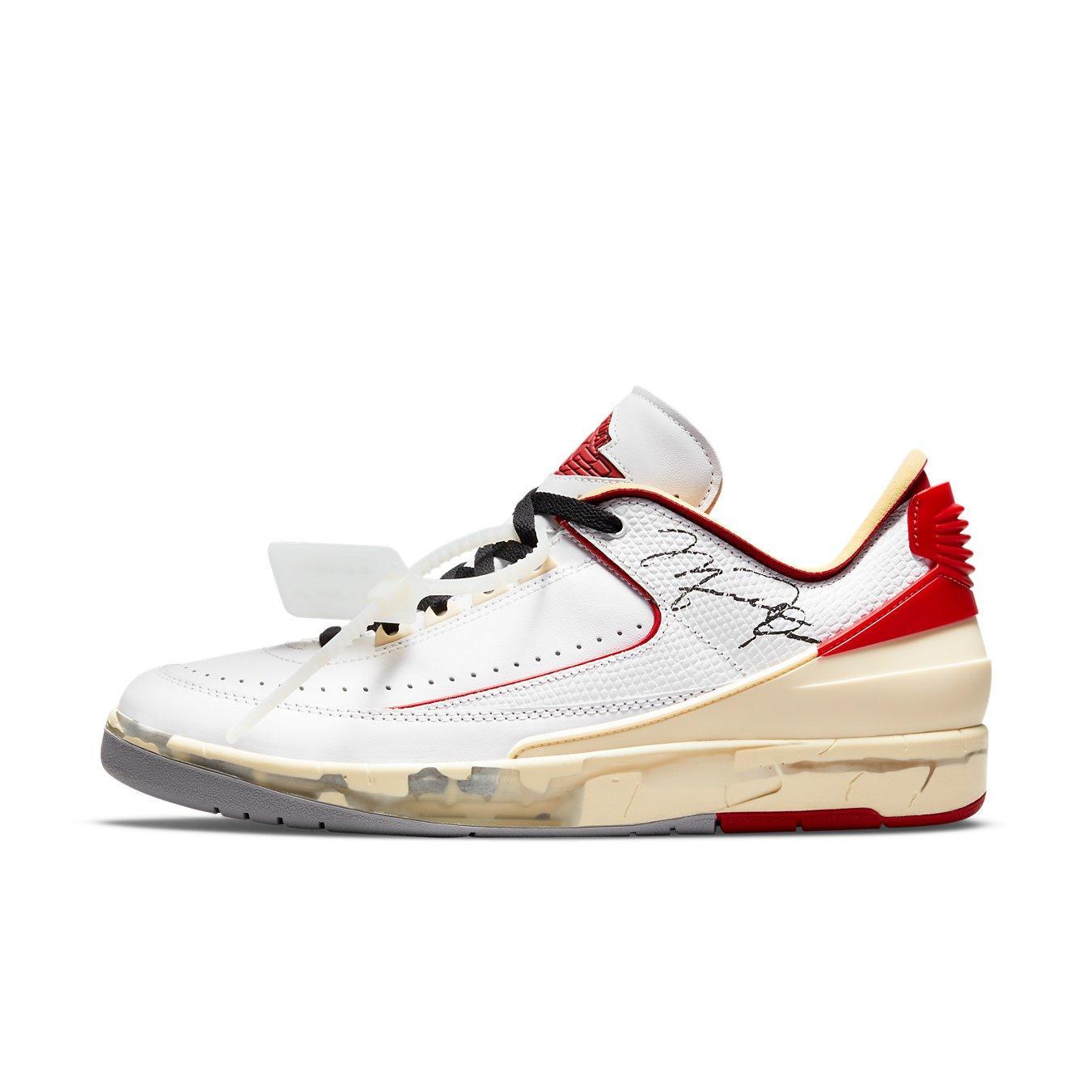 Jordan 2 Retro Low SP Off-White White Red featuring white leather upper and red accents, designed by Virgil Abloh.