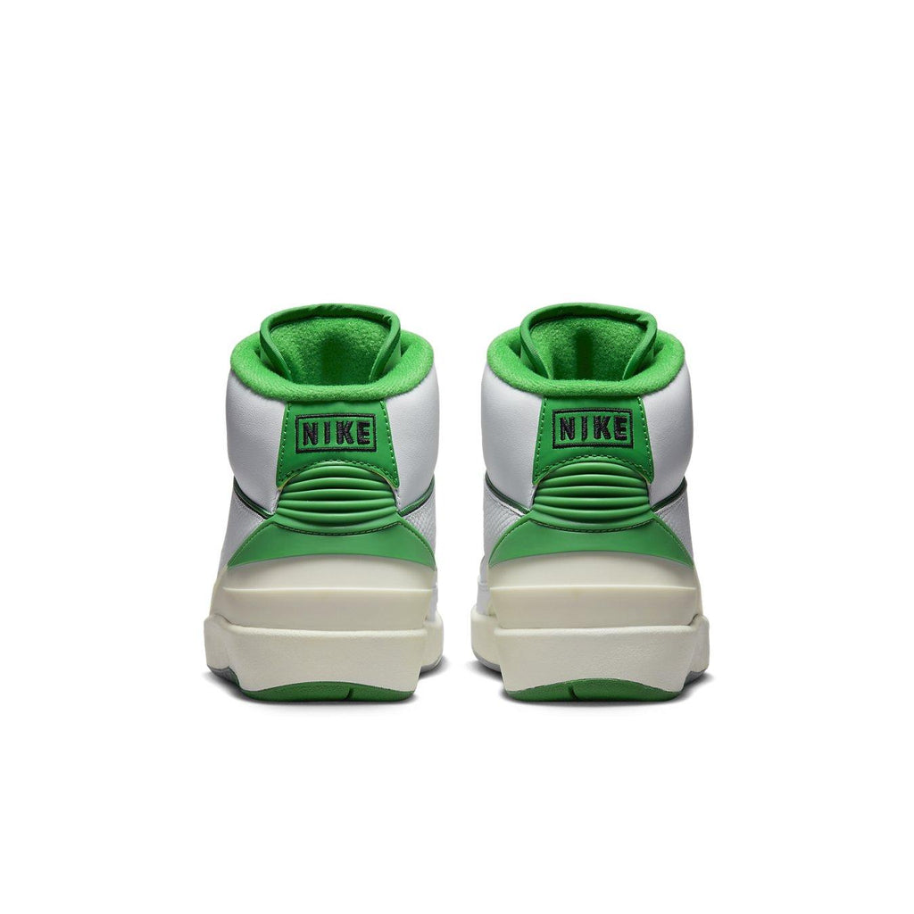 Back view of Air Jordan 2 Retro Lucky Green (GS) showcasing iconic Nike branding and vibrant green accents.