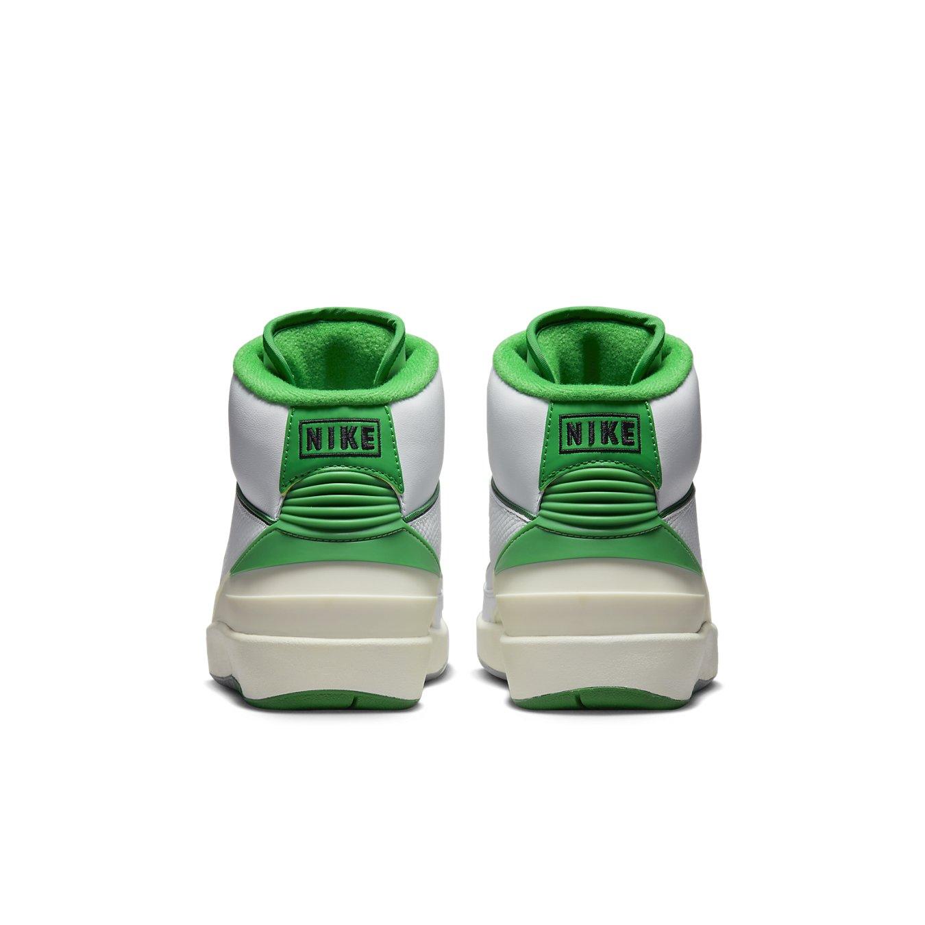 Back view of Air Jordan 2 Retro Lucky Green (GS) showcasing iconic Nike branding and vibrant green accents.