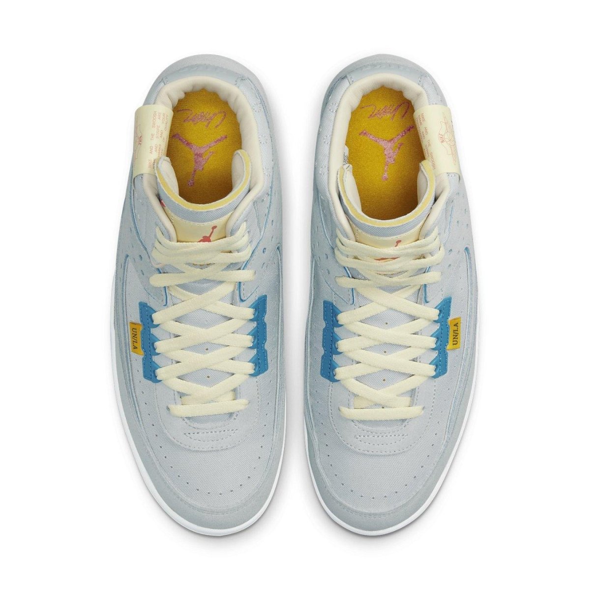 Air Jordan 2 Retro SP Union Grey Fog sneakers featuring blue and yellow accents and a light grey suede upper.
