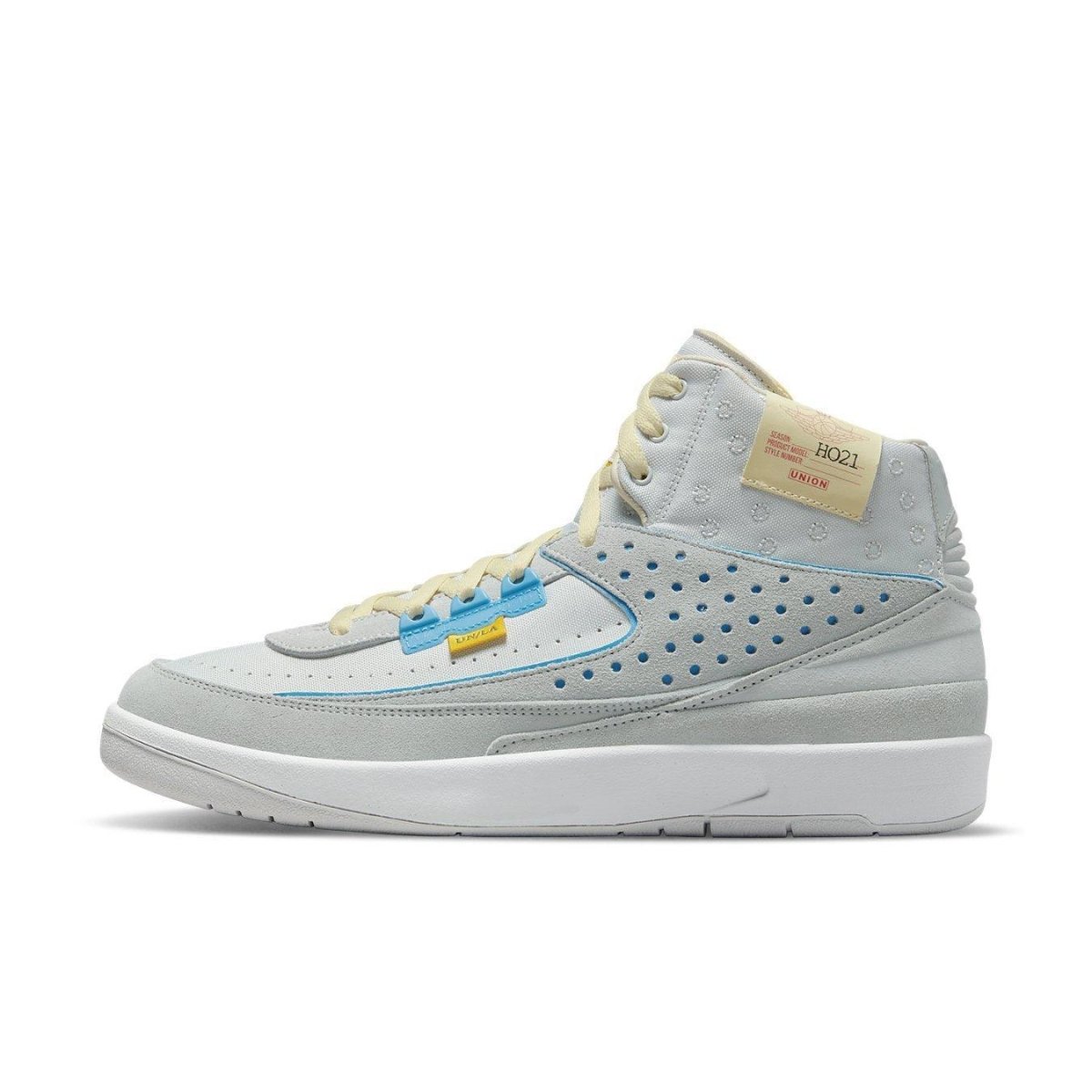 Air Jordan 2 Retro SP Union 'Grey Fog' sneaker in light blue with suede and vibrant detailing.