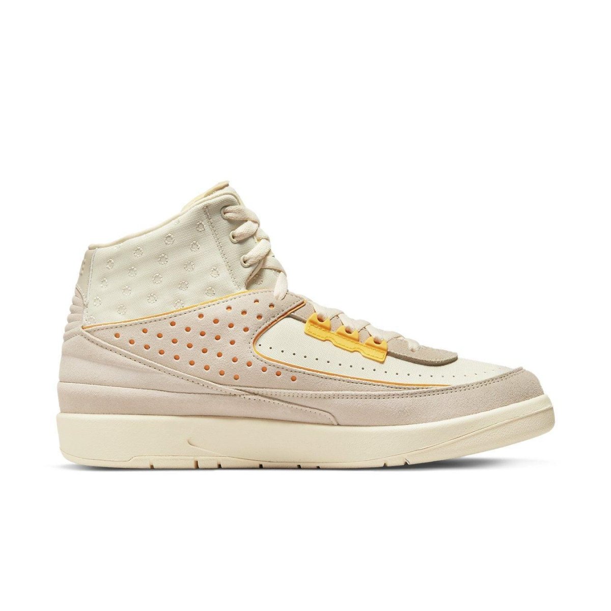 Jordan 2 Retro SP Union Rattan sneaker in beige with orange accents, showcasing unique design and style.