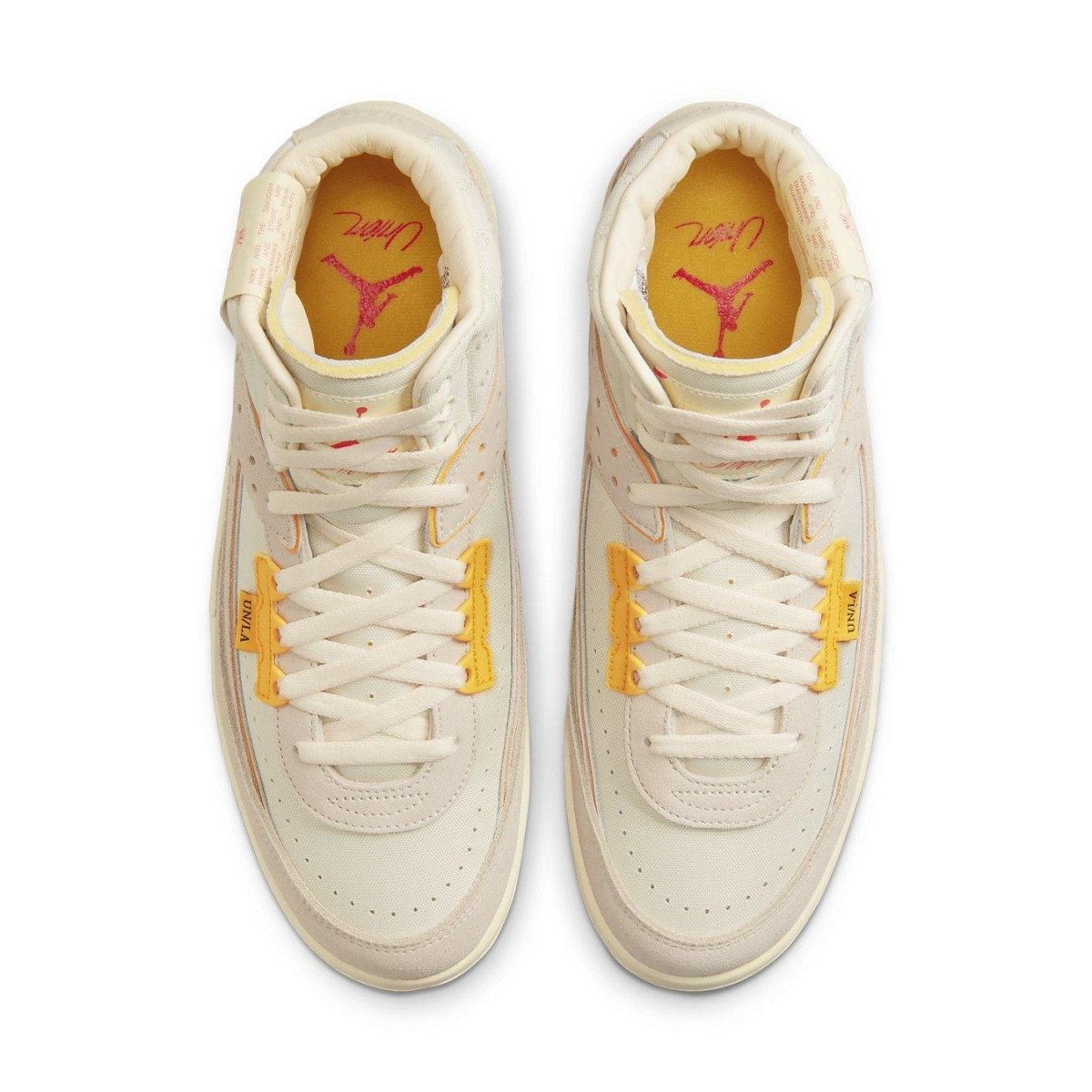 Jordan 2 Retro SP Union Rattan sneakers in cream with yellow and pink detailing, top view.