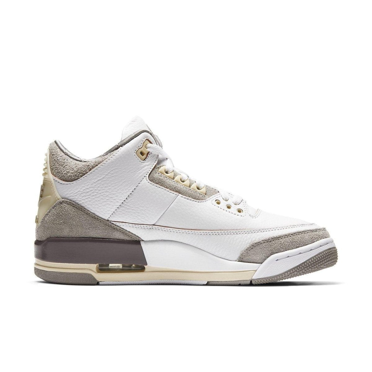 Air Jordan 3 Retro A Ma Maniére women's sneaker in white leather and grey suede, featuring unique branding and luxurious design.