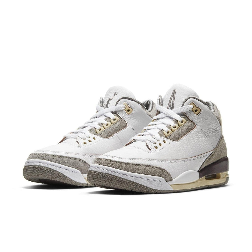 Jordan 3 Retro A Ma Maniére women's sneakers in white leather and gray suede, featuring premium detailing and unique branding.