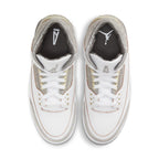 Top view of Air Jordan 3 Retro A Ma Maniére sneaker with white leather and gray suede accents.