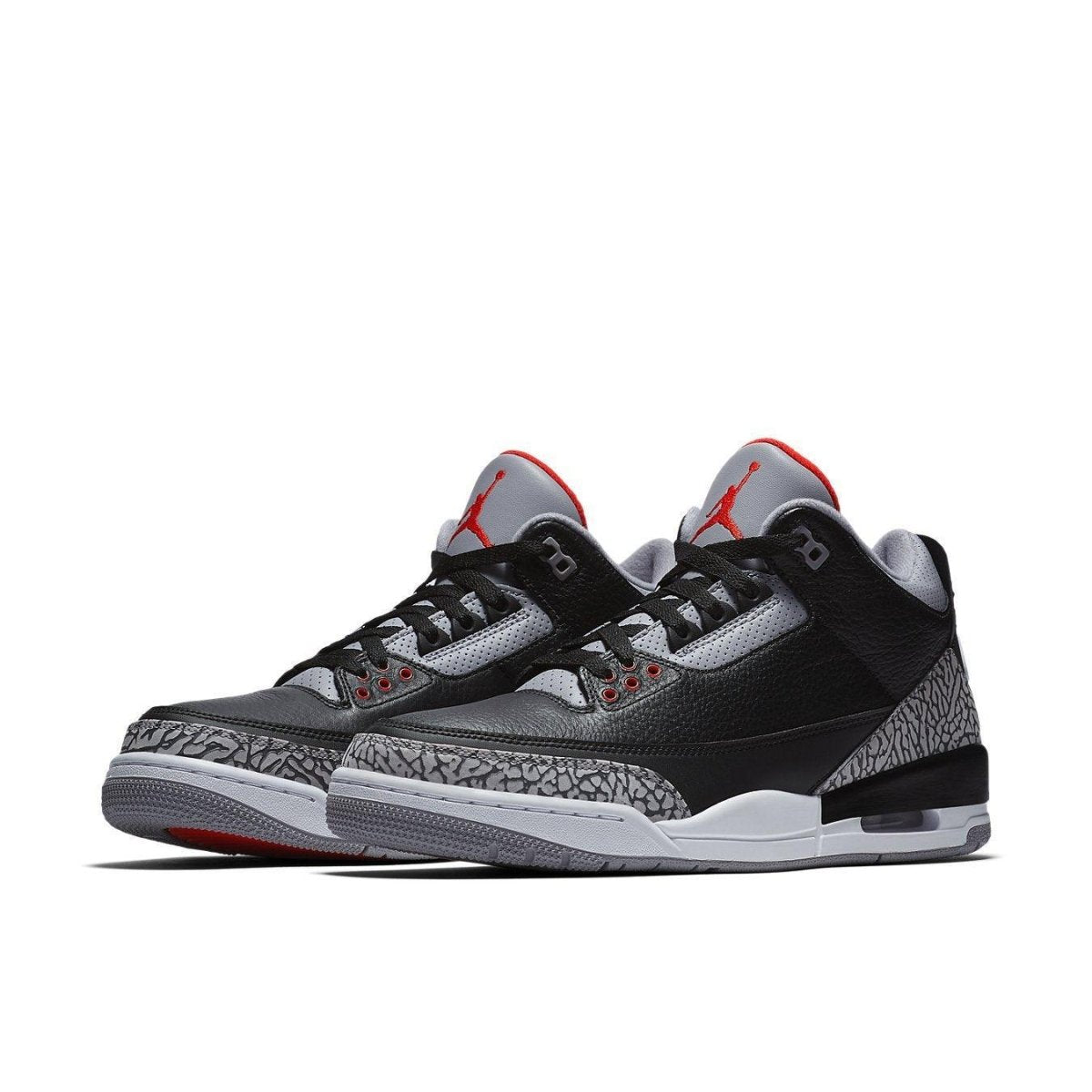 Jordan 3 Retro Black Cement (2018) featuring iconic elephant print and Nike Air branding on heel.
