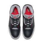 Air Jordan 3 Retro Black Cement 2018, top view showing black leather, red accents, and elephant print details.