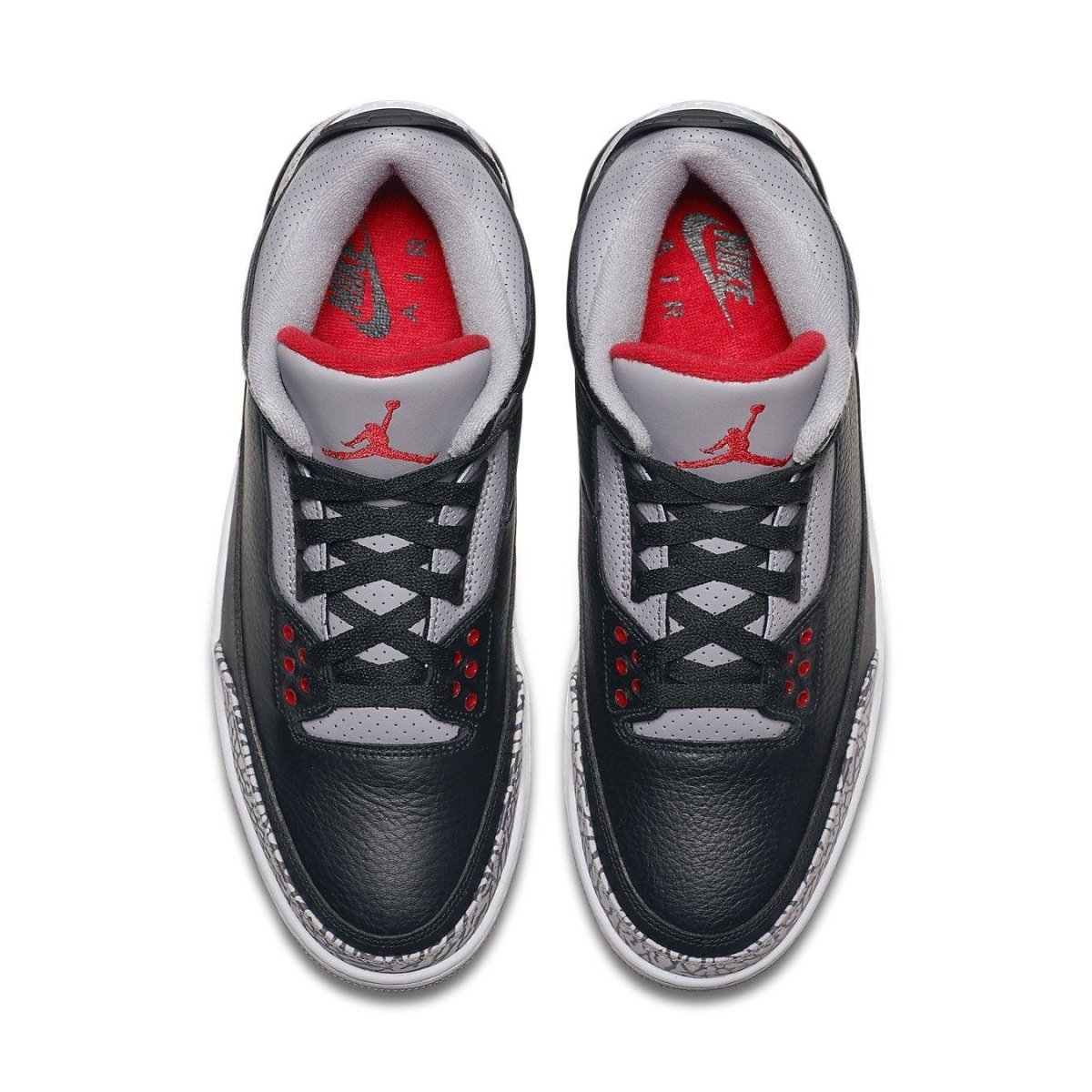 Air Jordan 3 Retro Black Cement 2018, top view showing black leather, red accents, and elephant print details.