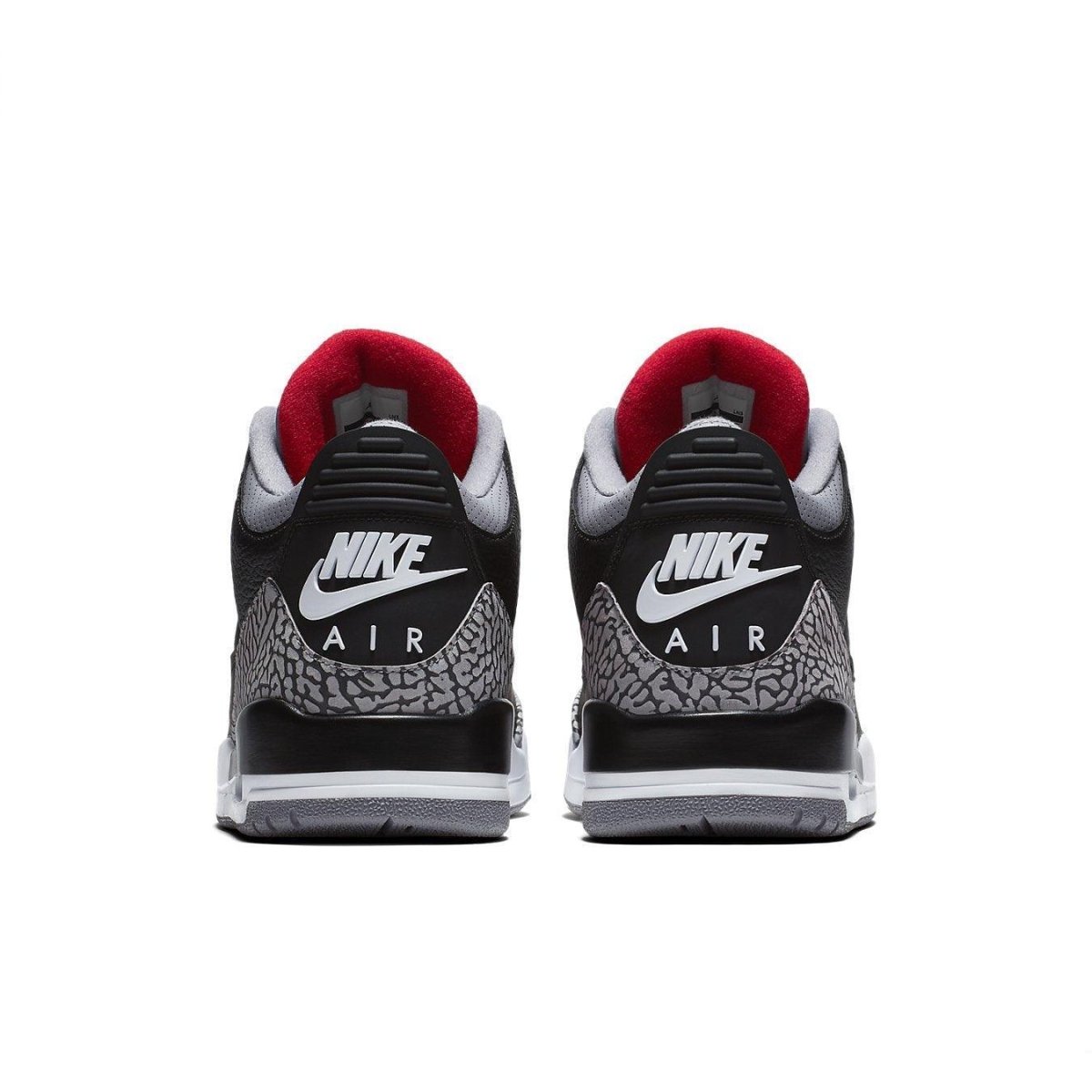 Nike Air Jordan 3 Retro Black Cement 2018, featuring iconic elephant print and Jumpman logo on heel.