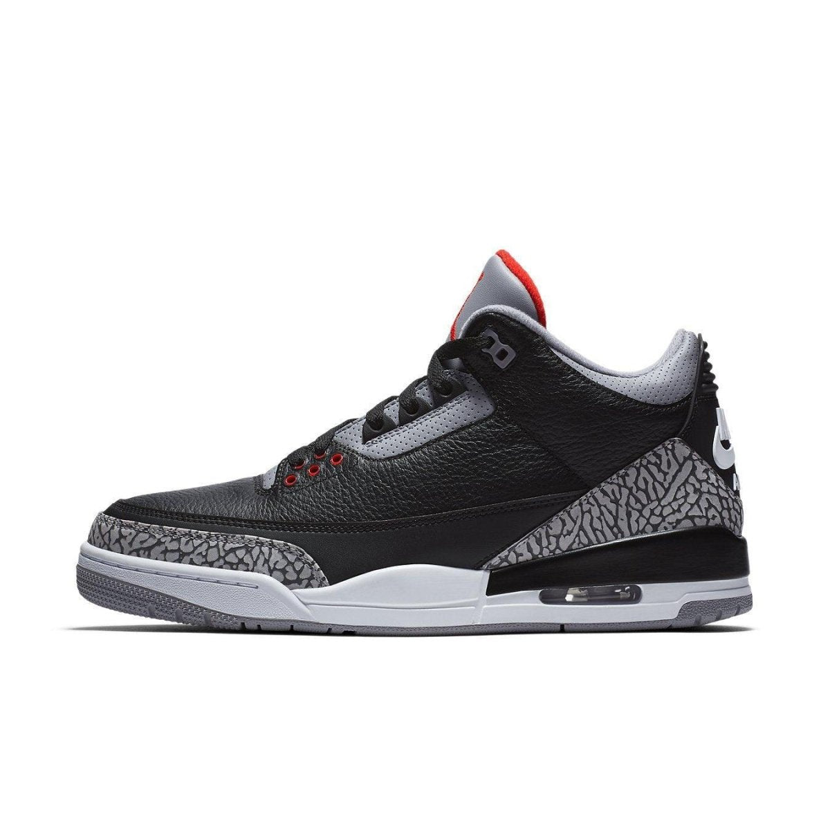 Air Jordan 3 Retro Black Cement (2018) sneaker in black and gray with elephant print detailing.