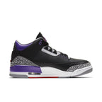 Air Jordan 3 Retro Black Court Purple sneaker featuring black leather, elephant print accents, and purple details.