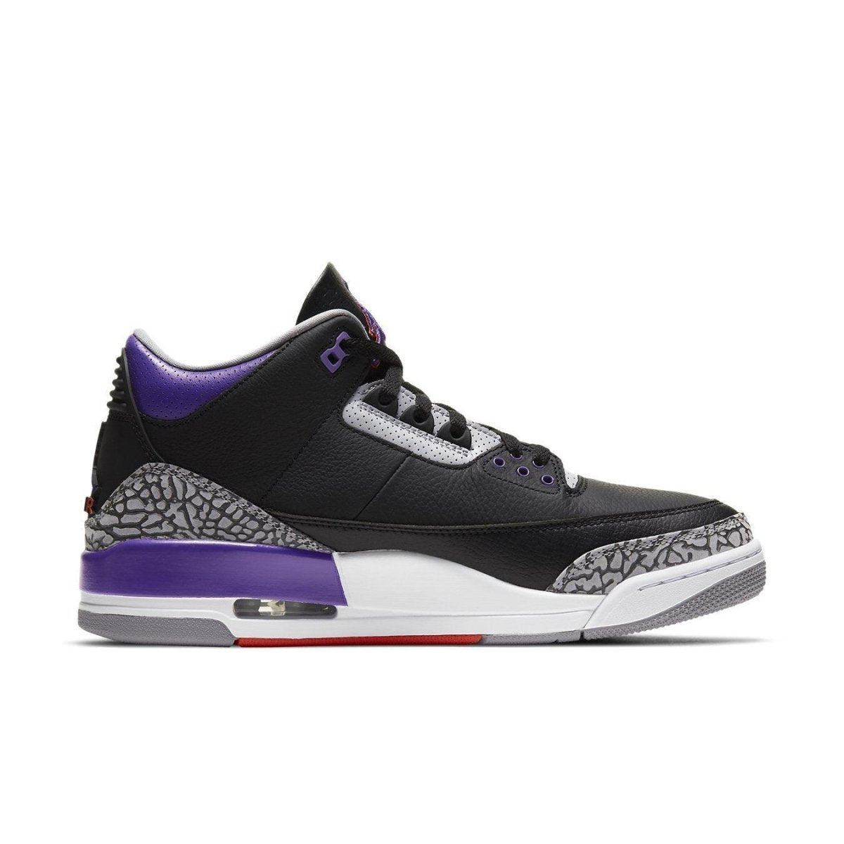 Air Jordan 3 Retro Black Court Purple sneaker featuring black leather, elephant print accents, and purple details.