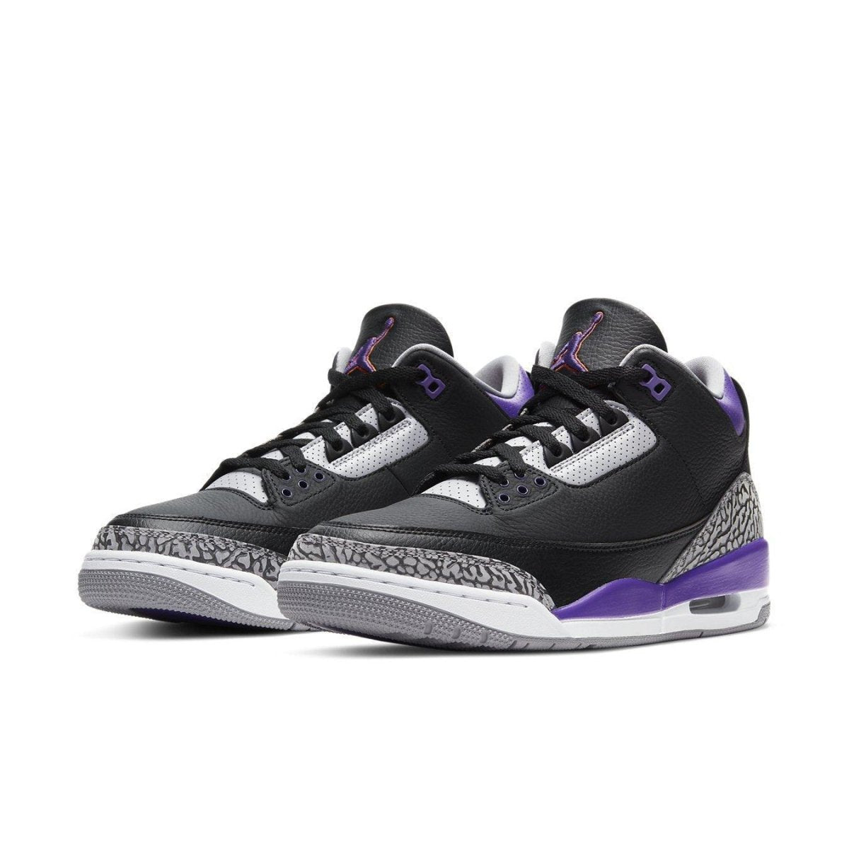 Air Jordan 3 Retro Black Court Purple sneakers with elephant print and purple accents, featuring visible Air cushioning.