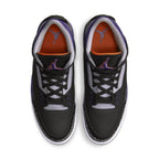 Air Jordan 3 Retro Black Court Purple top view, showcasing black leather, purple accents, and orange details.