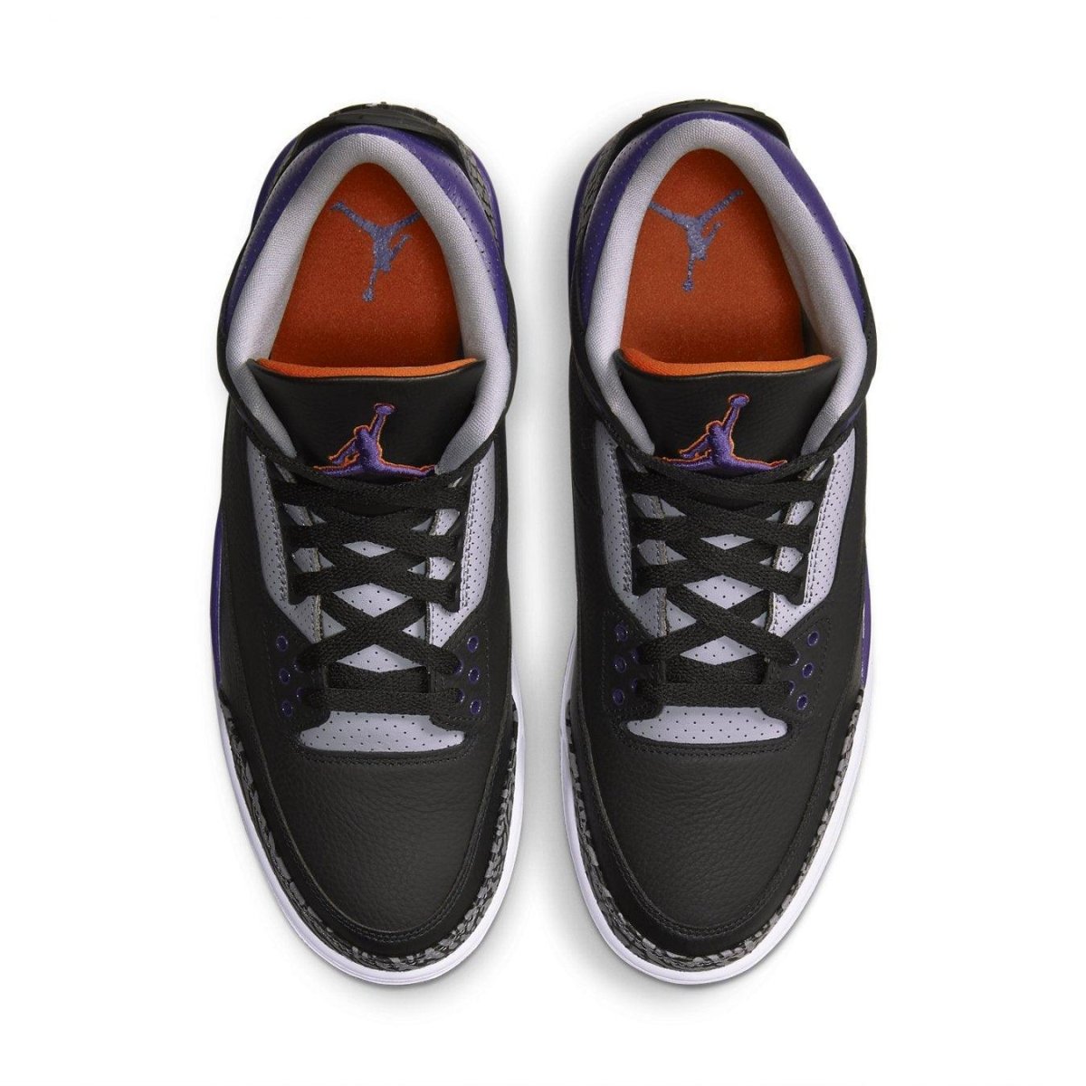 Air Jordan 3 Retro Black Court Purple top view, showcasing black leather, purple accents, and orange details.