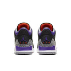 Air Jordan 3 Retro Black Court Purple heel view showcasing elephant print accents and vibrant purple details.