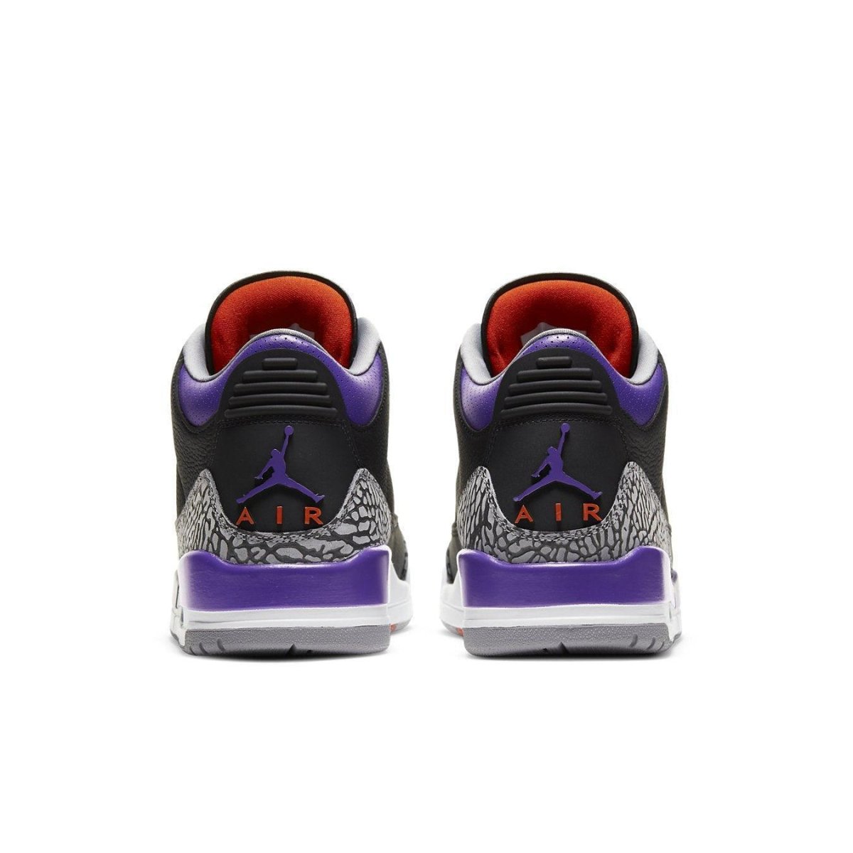 Air Jordan 3 Retro Black Court Purple heel view showcasing elephant print accents and vibrant purple details.