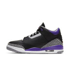 Air Jordan 3 Retro 'Court Purple' sneaker with black leather and elephant print details.