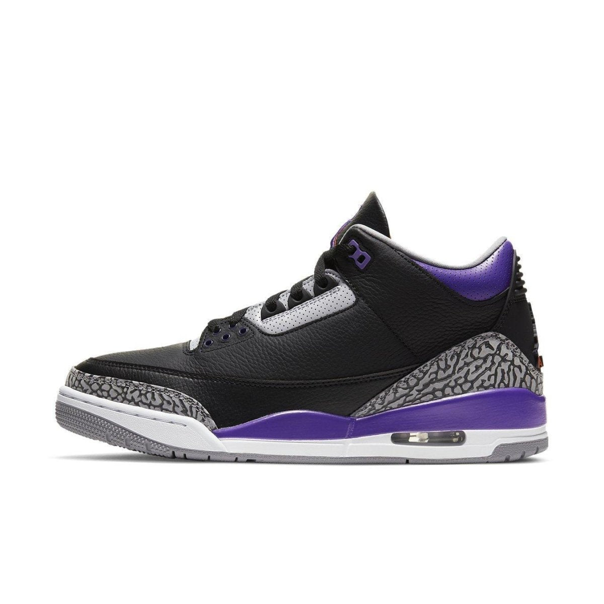 Air Jordan 3 Retro 'Court Purple' sneaker with black leather and elephant print details.