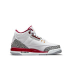 Air Jordan 3 Retro Cardinal GS sneakers featuring white leather, cardinal red accents, and elephant print details.