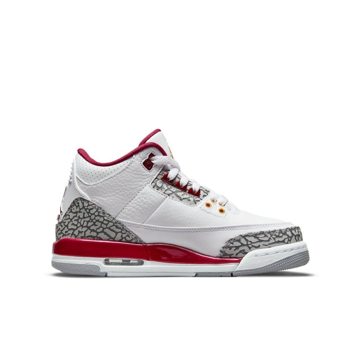 Air Jordan 3 Retro Cardinal GS sneakers featuring white leather, cardinal red accents, and elephant print details.