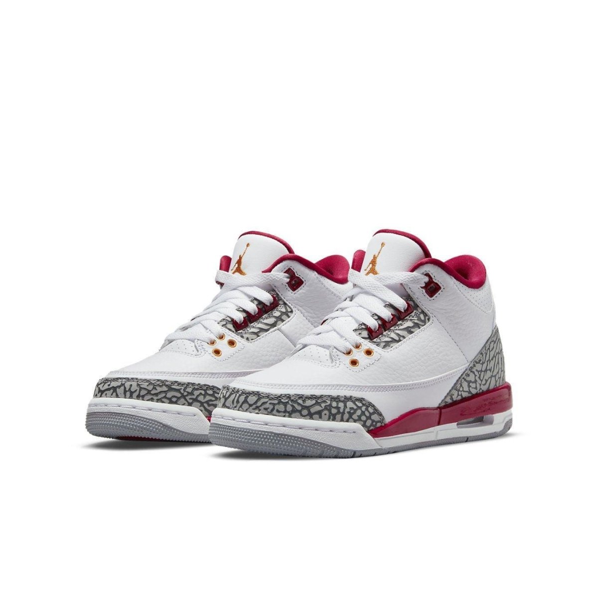Air Jordan 3 Retro Cardinal Red GS sneakers for kids featuring white leather and red accents.