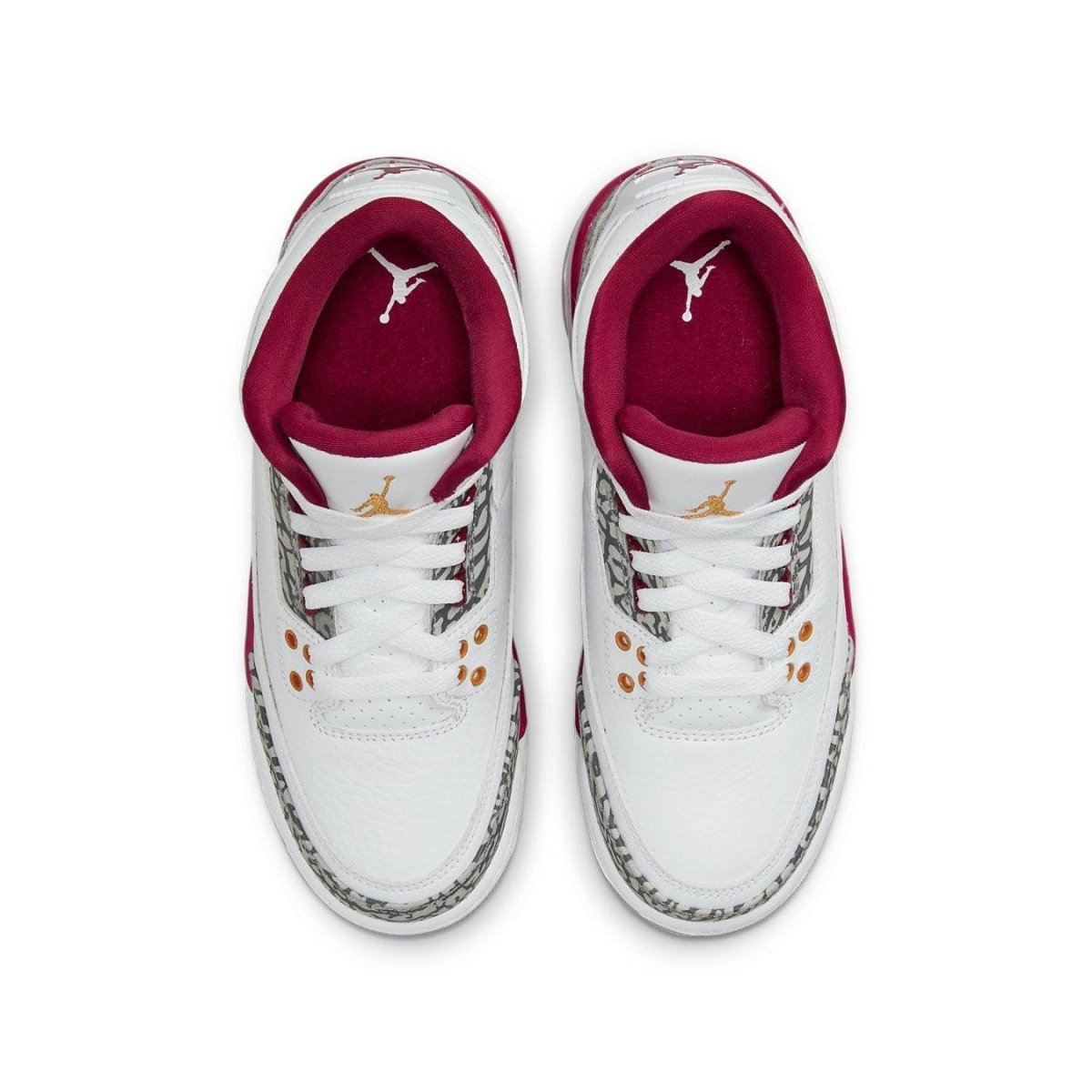 Air Jordan 3 Retro Cardinal Red GS shoes, featuring white leather with cardinal red accents and Jumpman logo.