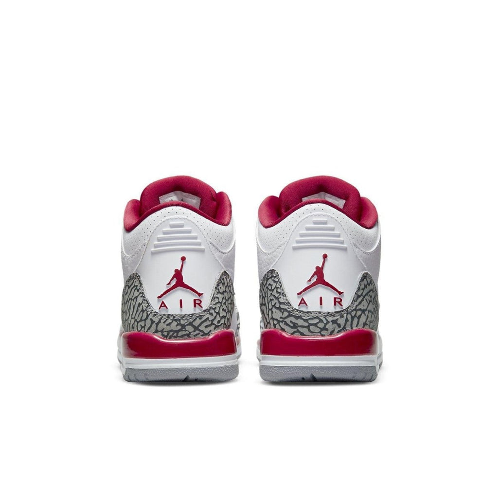 Rear view of Air Jordan 3 Retro Cardinal GS showing white leather upper and red accents on heel.