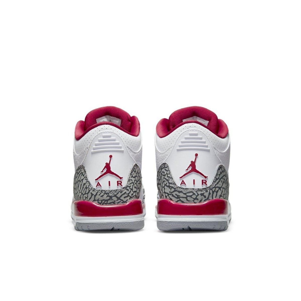 Rear view of Air Jordan 3 Retro Cardinal GS showing white leather upper and red accents on heel.