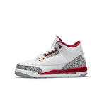 Air Jordan 3 Retro Cardinal Red GS for kids with white leather upper and red accents, showcasing classic sneaker design.