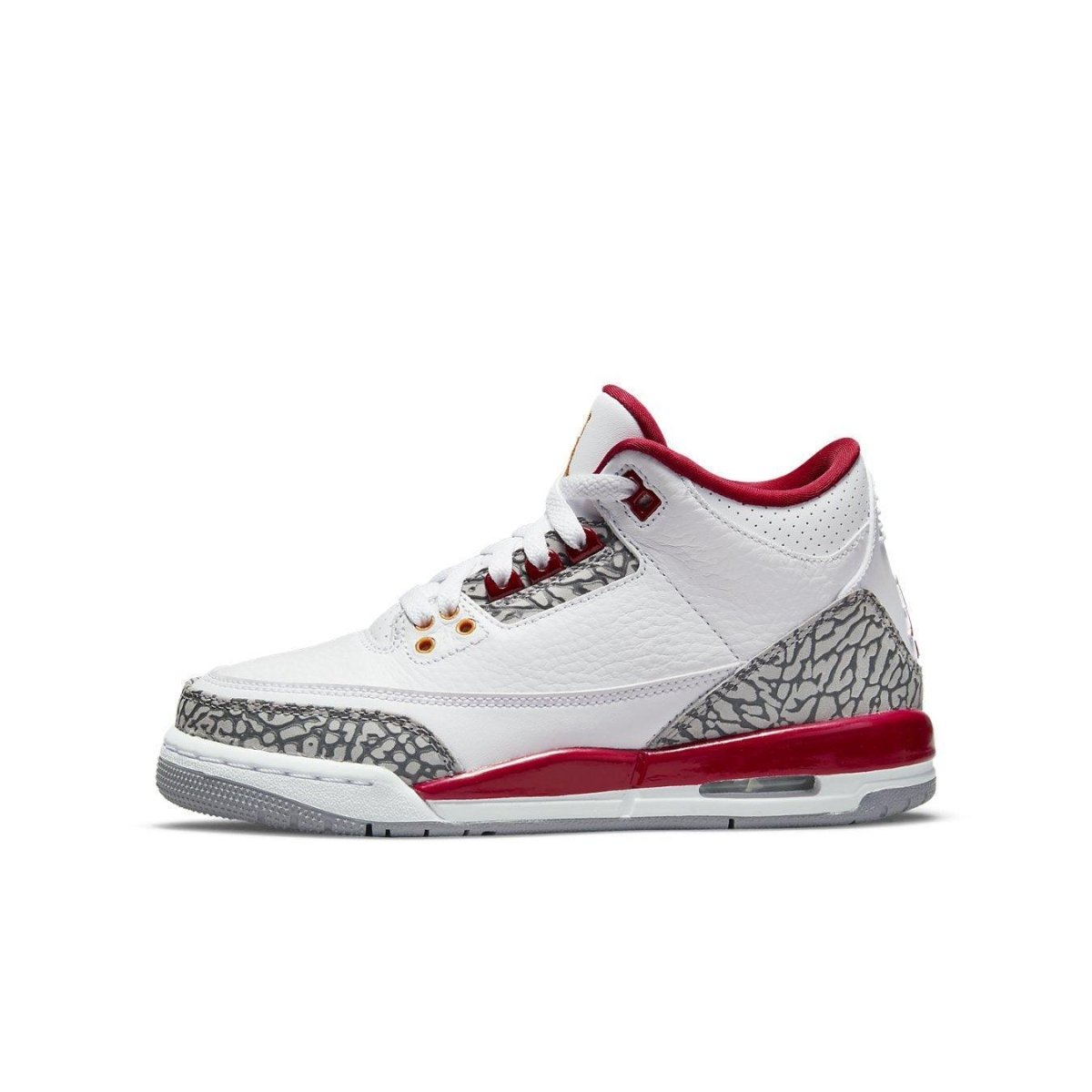 Air Jordan 3 Retro Cardinal Red GS for kids with white leather upper and red accents, showcasing classic sneaker design.