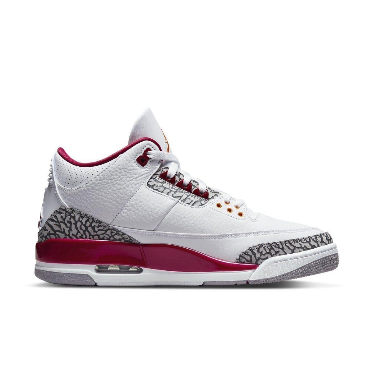 Air Jordan 3 Retro Cardinal Red sneaker featuring white leather upper, Cardinal Red accents, and iconic gray elephant print detailing.