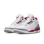 Jordan 3 Retro Cardinal Red sneakers in white leather with cardinal red accents and elephant print details.