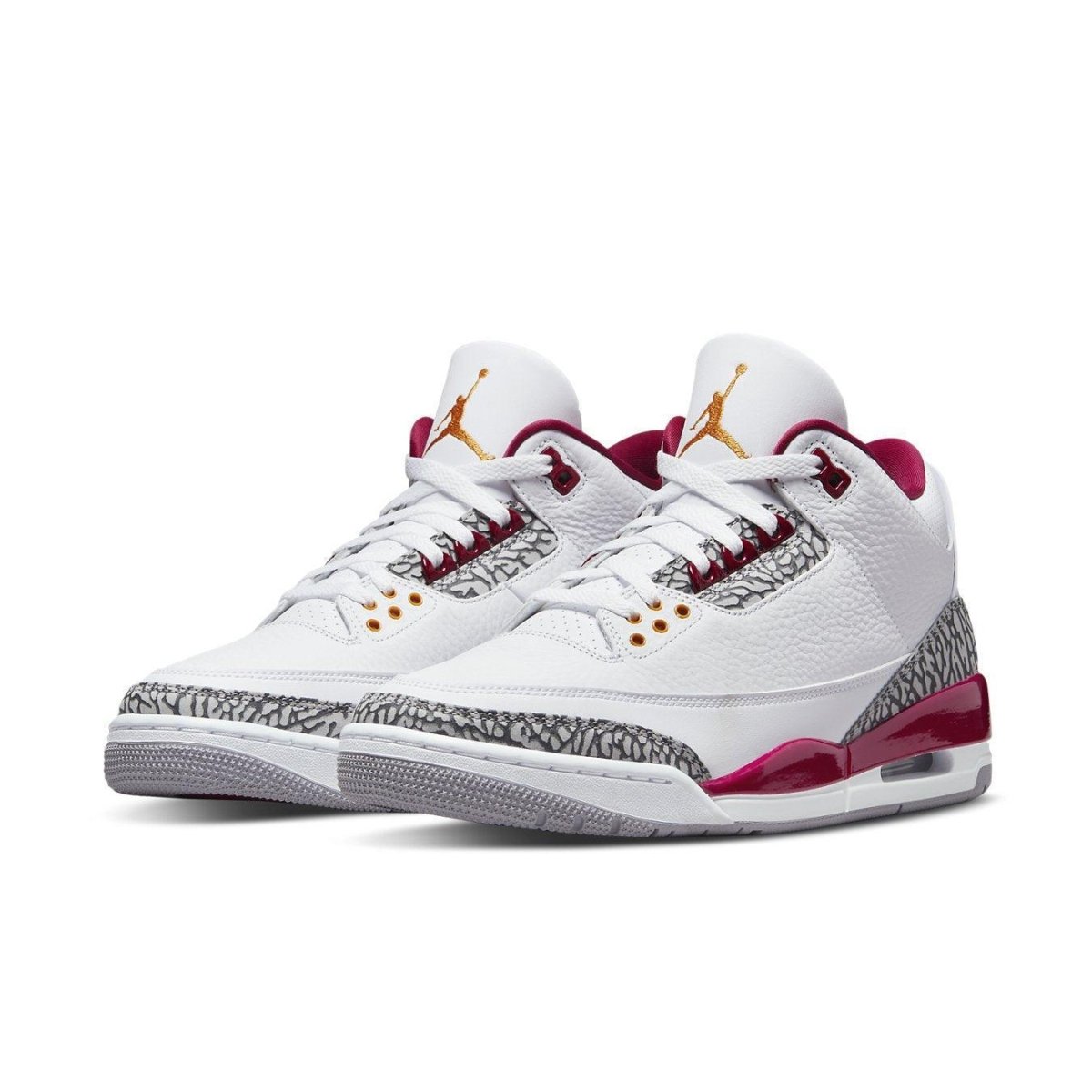 Jordan 3 Retro Cardinal Red sneakers in white leather with cardinal red accents and elephant print details.