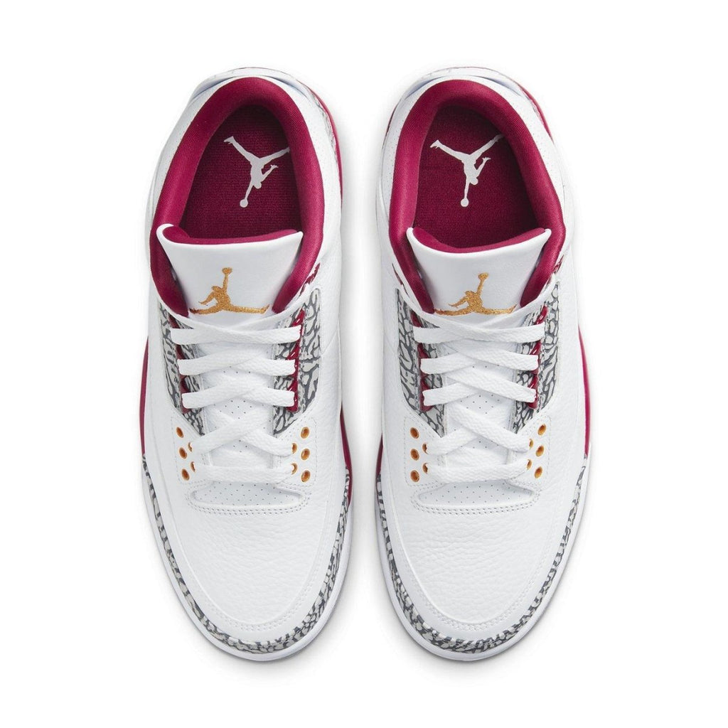 Air Jordan 3 Retro Cardinal Red sneaker featuring white leather upper and cardinal red accents on collar and logo.