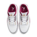 Air Jordan 3 Retro Cardinal Red sneaker featuring white leather upper and cardinal red accents on collar and logo.