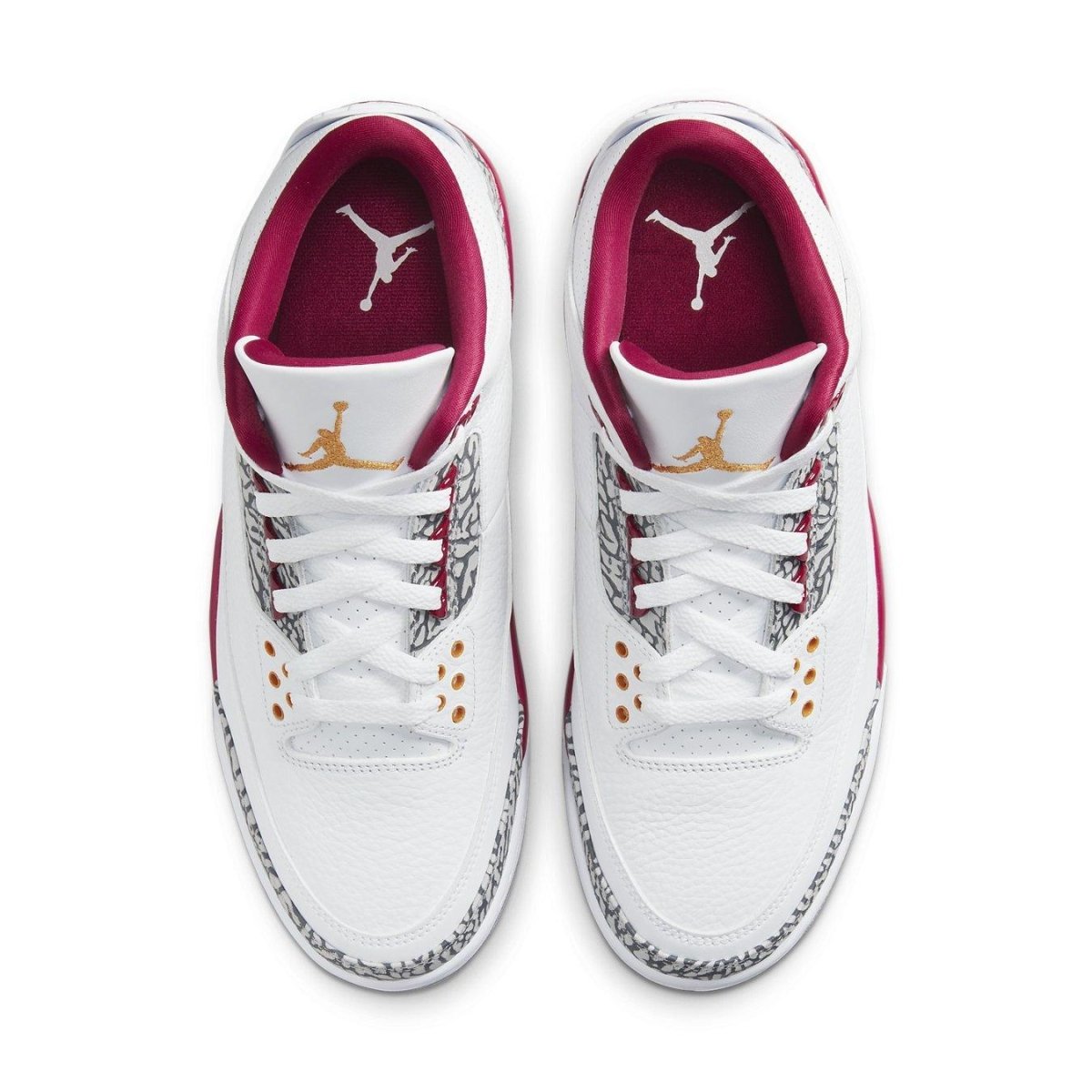 Air Jordan 3 Retro Cardinal Red sneaker featuring white leather upper and cardinal red accents on collar and logo.