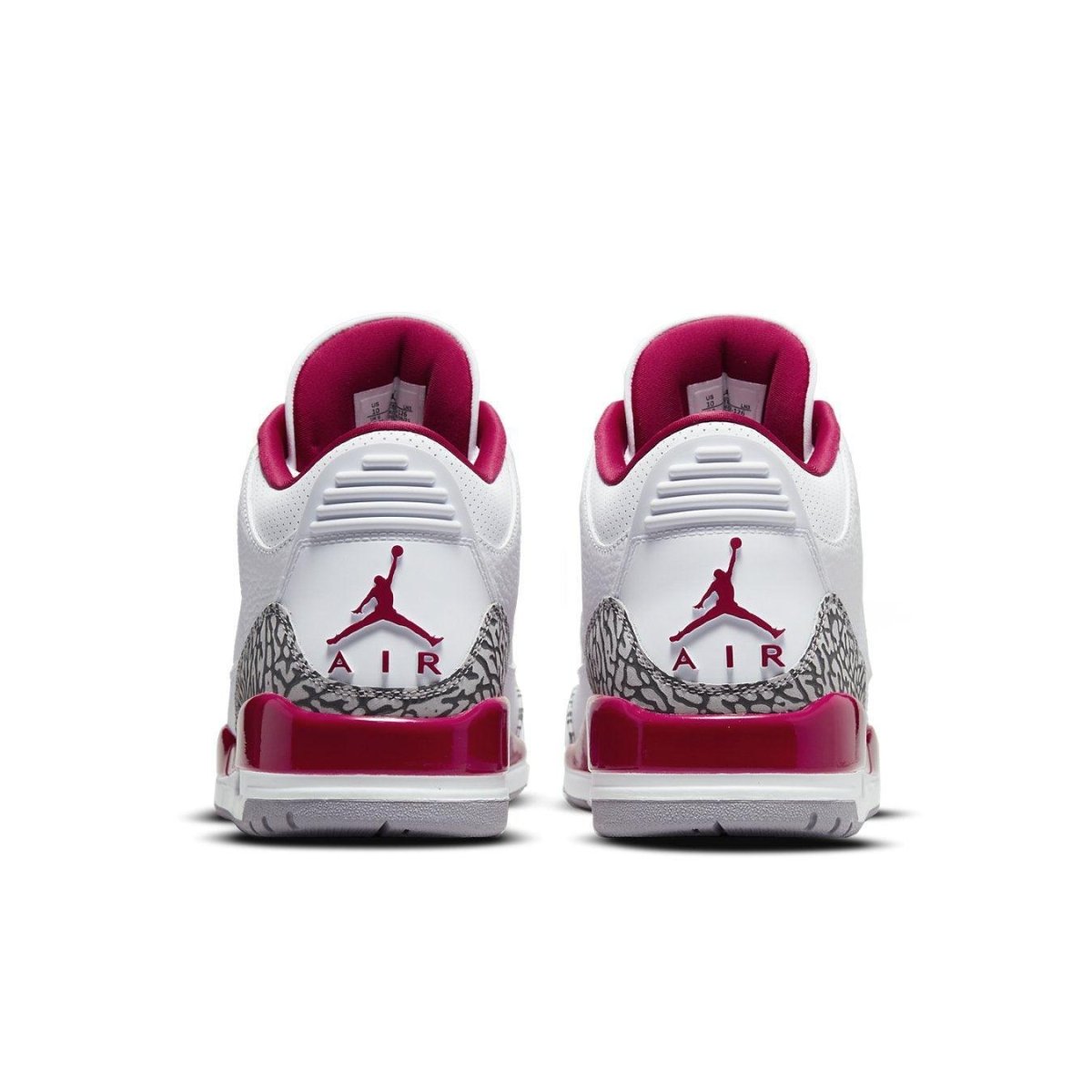 Retro Air Jordan 3 Cardinal Red sneakers showcasing signature Jumpman logo and sleek white leather design.