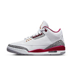Air Jordan 3 Retro Cardinal Red sneaker in white leather with cardinal red accents and elephant print design.