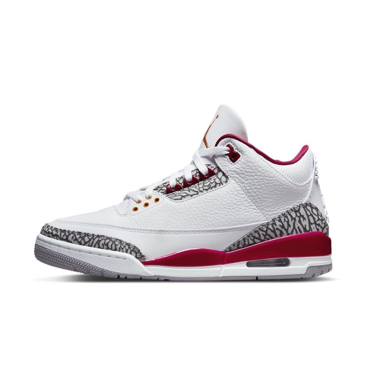 Air Jordan 3 Retro Cardinal Red sneaker in white leather with cardinal red accents and elephant print design.