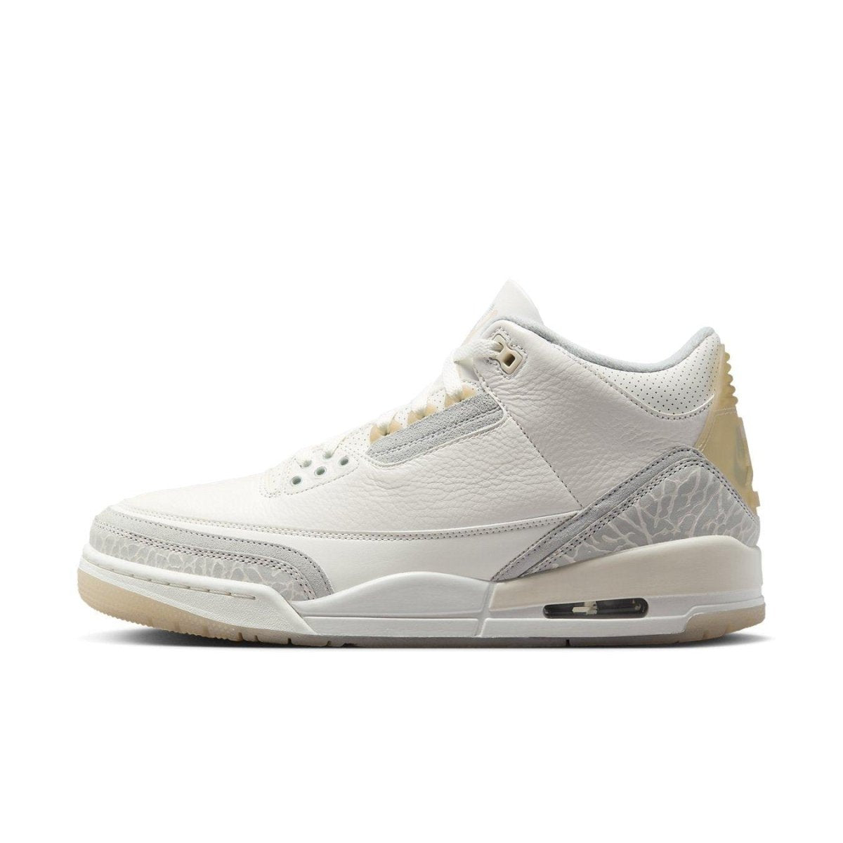 Air Jordan 3 Retro Craft Ivory sneaker with a clean ivory and grey colorway, featuring textured leather and suede details.