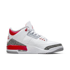 Air Jordan 3 Retro Fire Red (2022) sneaker with white leather and gray elephant print accents.