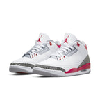 Jordan 3 Retro Fire Red 2022 sneaker featuring white leather and gray elephant print accents.