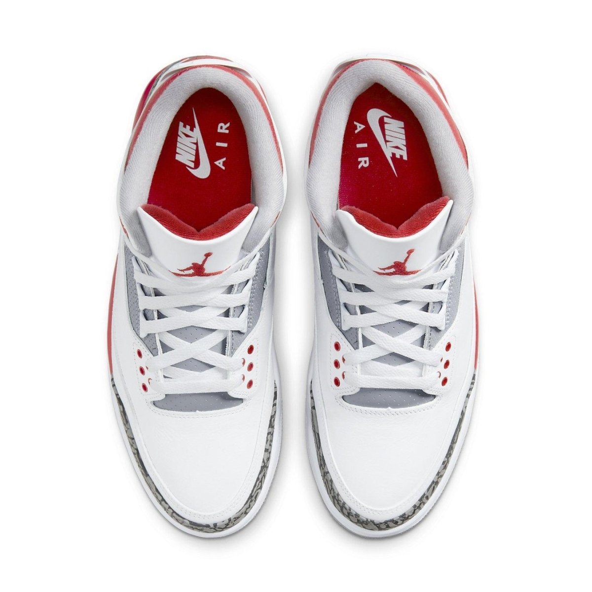 Top view of Air Jordan 3 Retro Fire Red 2022 sneaker featuring white leather, gray elephant print accents, and red details.