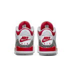 Rear view of Nike Air Jordan 3 Retro Fire Red (2022) featuring elephant print and bright red accents.