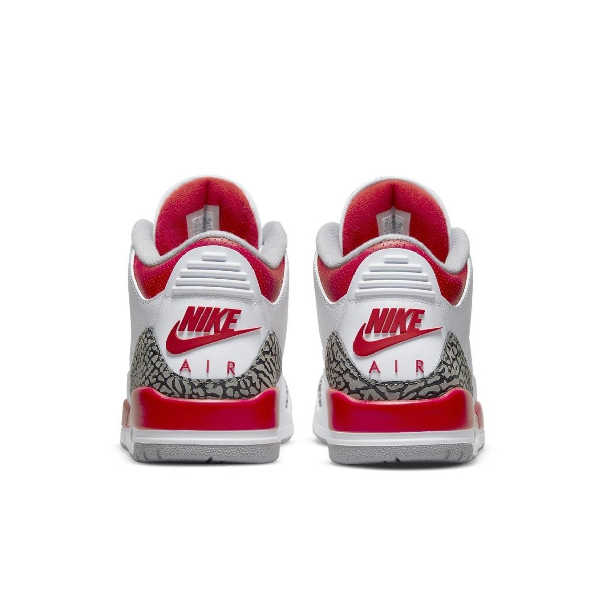 Rear view of Nike Air Jordan 3 Retro Fire Red (2022) featuring elephant print and bright red accents.
