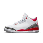 Jordan 3 Retro Fire Red 2022 sneaker in white leather with gray elephant print and red accents.