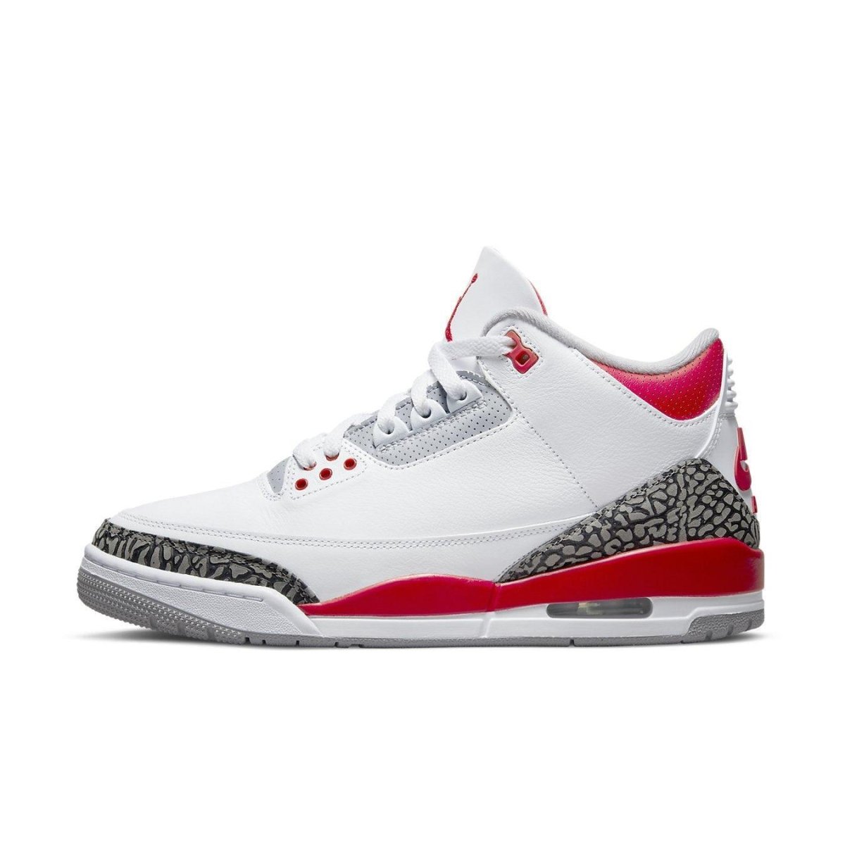 Jordan 3 Retro Fire Red 2022 sneaker in white leather with gray elephant print and red accents.