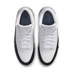 Top view of Jordan 3 Retro Fragment sneakers in white and black colorway, featuring premium leather and classic design.
